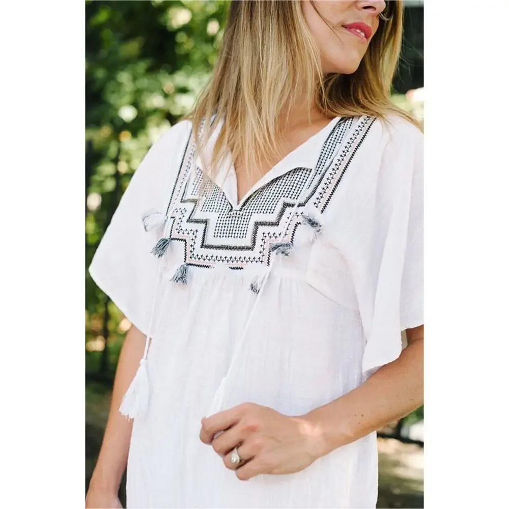 J. Crew Embroidered White Blouse Tassel Beach Cover Tunic Top